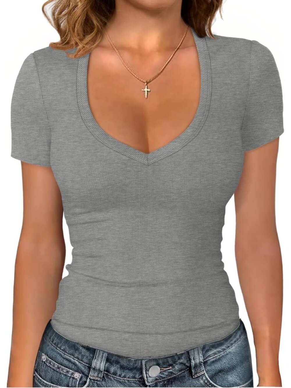 🆕Women's Grey Short Sleeve Shirts V Neck Summer Ribbed Slim Fit Spring